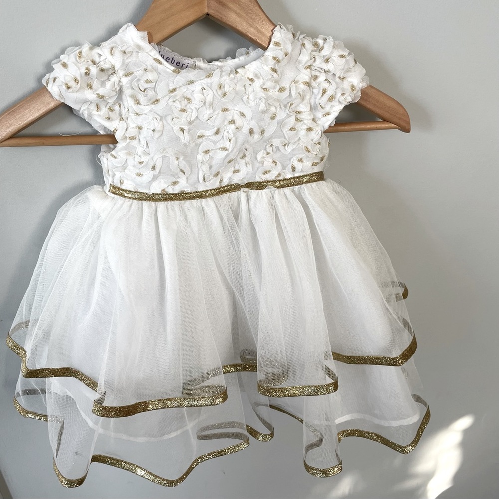 Blueberi Boulevard Girl’s Gold and White Formal Occasion Ruffle Dress Size 18m